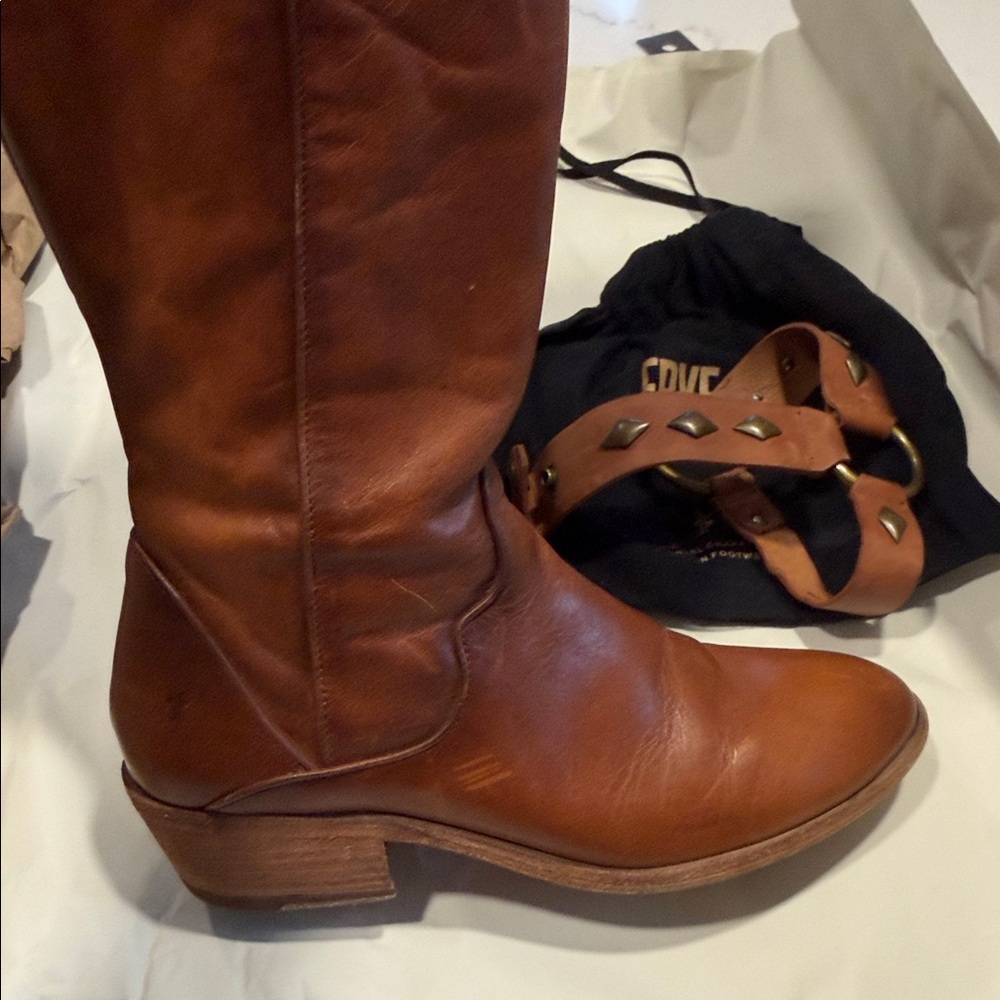 Frye Brown Leather Harness Heeled Riding Boots - Picture 3 of 8
